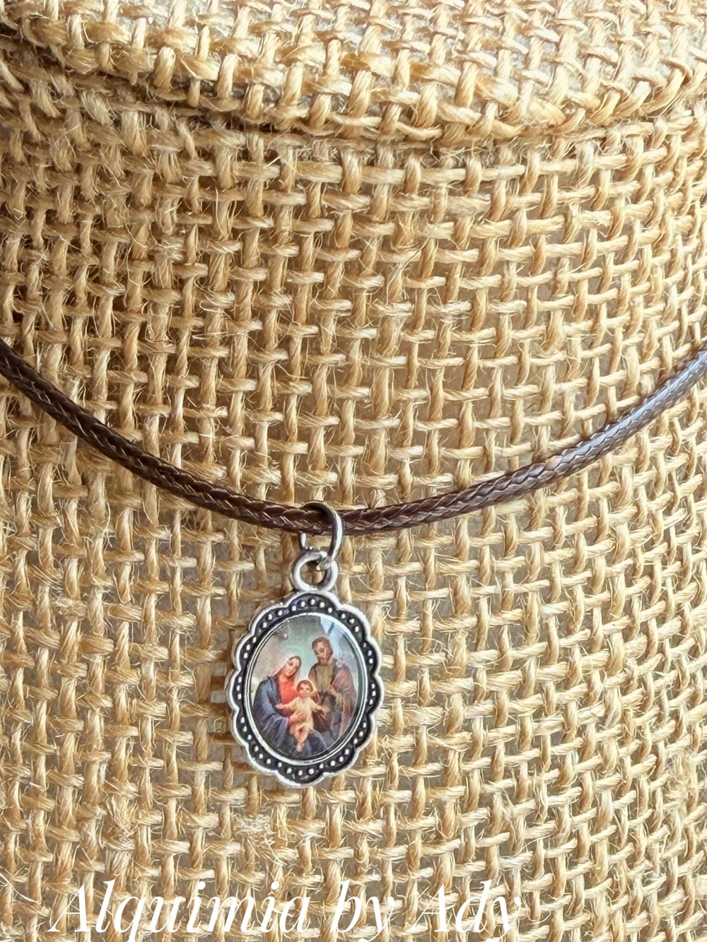 Sagrada Familia Brown Cord Necklace with Silver-Tone Religious Pendant